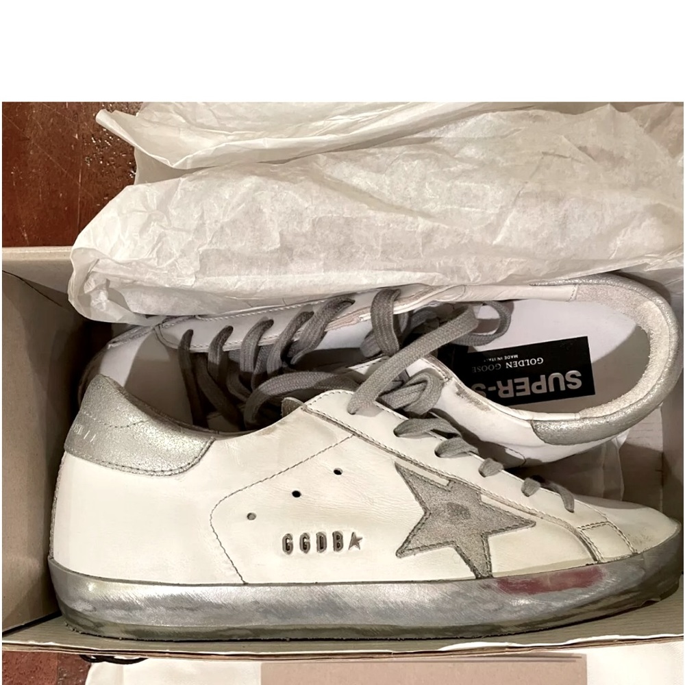 GOLDEN GOOSE WOMENS SUPERSTAR WHITE LEATHER SILVER STAR 40 WORN 1X LKNW